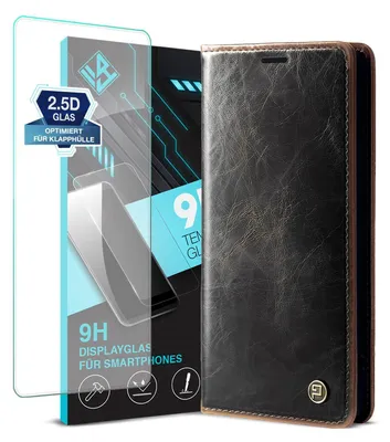Produktbild von Handyhülle für Samsung Galaxy S24+ mit 9H Displayglas Kunstleder Flip Vintage Cover Hülle RFID Schutz Case Kartenfach Farbe: Dunkelbraun