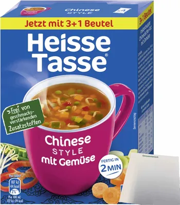 Produktbild von Heisse Tasse Chinese Style mit Gemüse Suppe 1er Pack (3+1 Beutel a 11,7g) + usy Block