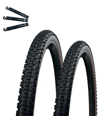 Produktbild von 2 x Schwalbe G-One Ultrabite Faltreifen Performance ADDIX RaceGuard TLE E-25 Schwarz/Bronze 50-622 (28 x 2.00) inkl. maxxi4you Reifenheber