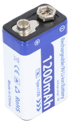 Produktbild von 9V Akkublock mit USB-C Ladeanschluss, Li-ion, 7,4V, 1200mAh, 8,9 Wh