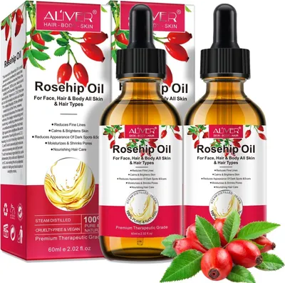 Produktbild von Hagebuttenöl Hagebuttensamenöl Wildrosenöl Gesicht Haar Kaltgepresst Bio Vegan, 2x 60ml