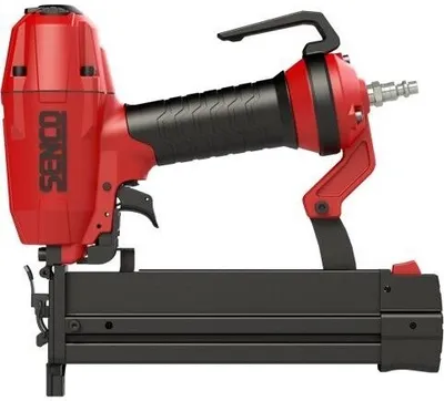 A studio shot of a red and black pneumatic stapler.