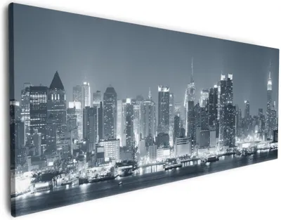 Produktbild von Wallario Premium Leinwandbild New York Skyline - Schwarz Weiß Blau in Größe 50 x 125 cm