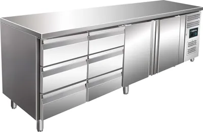Produktbild von SARO Kühltisch mit 4 Türen, Modell KYLJA 4100 TN Kühltisch, Arbeitstisch, Barkühltisch, Umluft, 4-türig, Edelstahl, Restaurant, Mensa, Imbiss, Kühlen, Lagern, Vorbereiten
