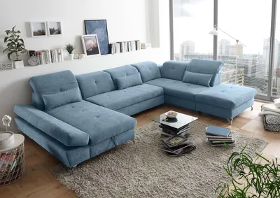 Produktbild von Funktionale Couch "Melfi" Sofa Schlafcouch Bettsofa Schlafsofa Sofabett Wohnlandschaft ausziehbar denim blau Ottomane rechts U-Form