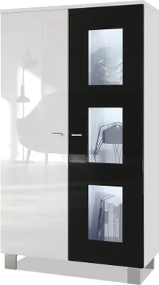 Produktbild von Vladon Vitrine Denjo,  Germany, Standvitrine mit 2 Türen und 3 Glaseinsätzen, Weiß matt/ Schwarz Hochglanz, inkl. LED-Beleuchtung (71 x 129 x 35 cm)