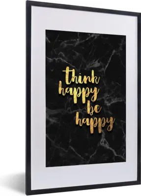 Produktbild von MuchoWow® Gerahmtes Poster Zitat - Glücklich - Gold - Marmor 40x60 cm - Poster mit Schwarzem Bilderrahmen Wandposter Rahmen Foto Bilder - Poster in Rahmen
