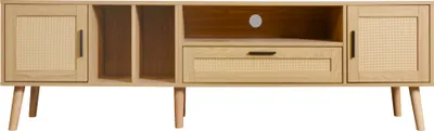 Image de Sweiko Spacieux meuble TV de 180 cm avec décoration en rotin, 2 portes et un tiroir, pieds en bois massif, peut accueillir un téléviseur de 80 pouces, meuble de rangement TV, meuble TV
