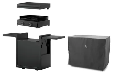 Produktbild von WMF Plancha Set 60E mit Plancha Grill elektrisch / Planchadeckel / Planchawagen / Abdeckhaube, 3200 W, 75 x 99.5 x 63 cm, Stahl / Gusseisen / Aluminium / Edelstahl, schwarz