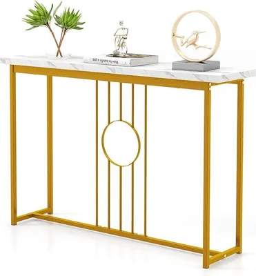 A narrow console table with a marble-look top and gold metal frame.