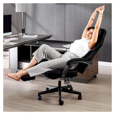 Produktbild von Gaming-Stuhl, ergonomischer Gaming-Stuhl mit versenkbarer Fußstütze, verstellbarer Kopfstütze und Lendenwirbelstütze (Schwarz)