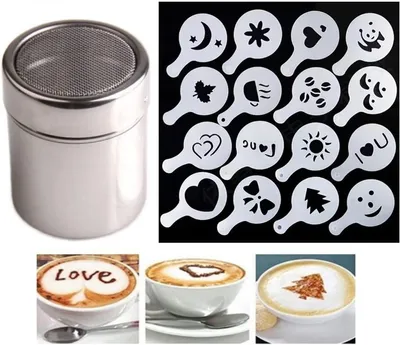 Produktbild von 6 Stück Puderzuckerstreuer, 16 Satz Kaffee Zeichnung Cappuccino Form Phantasie Kaffee Zubehör Druck Modell Schaum Spray Kuchen Schablonen Puderzucker Sieb