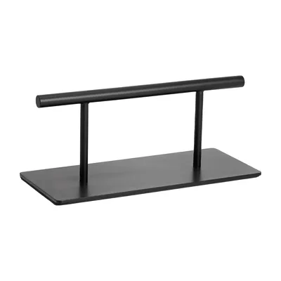 A black metal stand with a rectangular base and two vertical supports holding a horizontal bar.