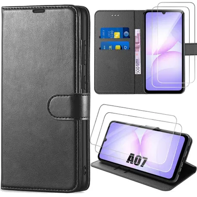 Image de Coque + 2 Verres Trempés pour Samsung Galaxy A07, Protection Flip Case Antichoc Anti-Rayures Effet Cuir Noir