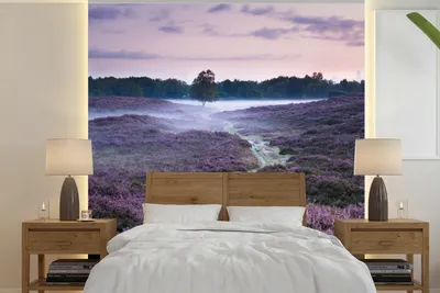 Produktbild von MuchoWow® Fototapete für Wohnzimmer oder Schlafzimmer Wandtapete Vinyl Motivtapete Nebel im Heidekraut - 240x240 cm - Schlafzimmer-Tapete