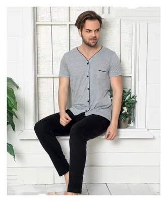 Produktbild von Herren Pyjama Schlafanzug Hellgrau XXL Kurz 2-Teiler Set Baumwolle L-45