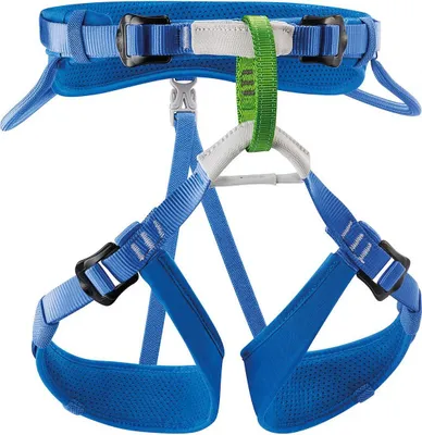A blue climbing harness is shown against a white background.