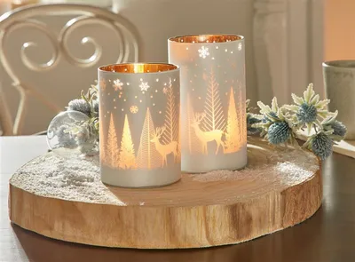 Produktbild von 2x Windlicht "Winterlandschaft" aus Glas, weiß / silber, 12 + 15 cm hoch, Glaswindlicht, Teelichtgläser, Winterdeko, Deko Wohnzimmer