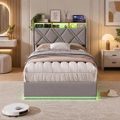 Zdjęcie produktu dla Łóżko tapicerowane INONEFT 90x200 z podświetleniem LED i portami USB, łóżko z materacem sprężynowym i hydraulicznym pojemnikiem na pościel, łóżko młodzieżowe z otwartą półką i ukrytą przestrzenią do przechowywania