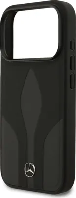 A black iPhone case with a Mercedes-Benz logo.