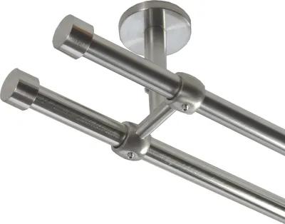 A close-up view of a double curtain rod system mounted on a ceiling.