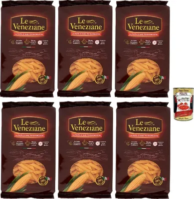 Produktbild von Le Veneziane Pasta di Mais Penne rigate, senza glutine,100% italienische Maisnudeln, glutenfrei. gluten free 6x 250g + Italian Gourmet polpa 400g