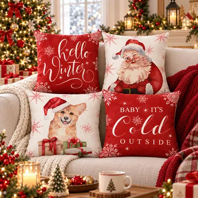 Image de Lot de 4 housses de coussin de Noël, 45 x 45 cm, couleurs variées, mélange de lin, pour décoration de canapé ou de chambre