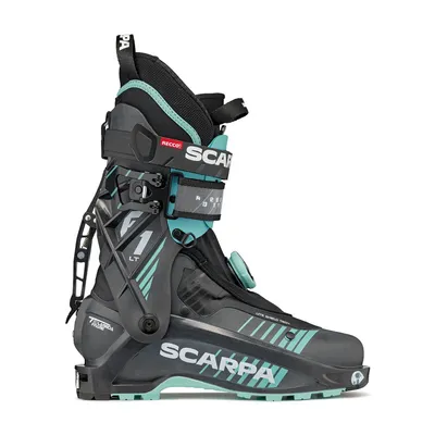 F1 LT Wmn Skitour Schuh von Scarpa; schwarz mit türkisfarbenen Akzenten; für Skitouren geeignet.