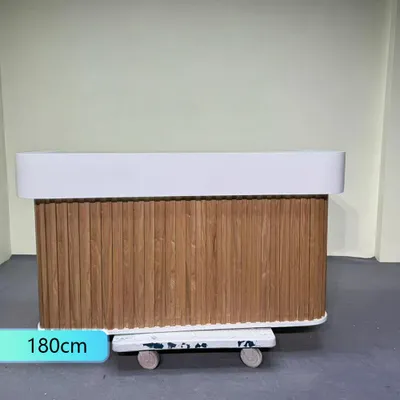 Produktbild von Empfangstheke & Bartheke mit Rundung, Vertikalstreifen-Design, für Salon, Hotel & Laden, Braun 180×60×100cm【Baise+yuanmuse180】