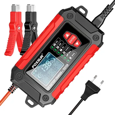 Immagine prodotto di Caricabatterie e Tester Batteria FOXSUR FTC-1206 2-in-1, 12V/6A – Caricabatterie Intelligente per Batterie Auto e Moto con Funzioni Desolforazione, Riparazione a Impulsi, Rosso/Nero
