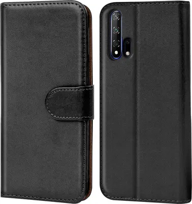 A black flip case for a smartphone is shown from the front and back.