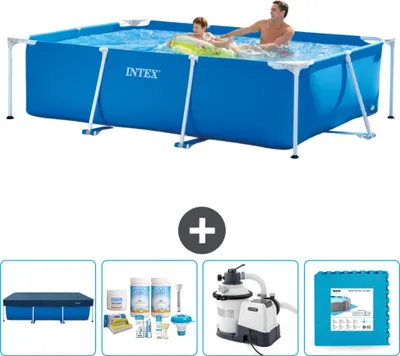 Produktbild von Intex-Schwimmbecken mit rechteckigem Rahmen – 260 x 160 x 65 cm – Blau – im Lieferumfang enthalten Abdeckung - Wartungspaket - Filterpumpe für Schwimmbad - Bodenfliesen