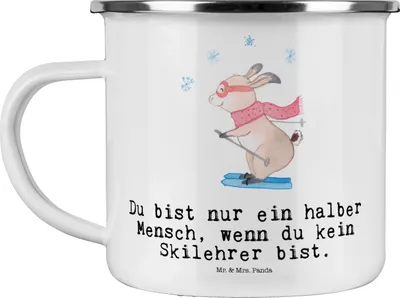 Produktbild von Mr. & Mrs. Panda Teetasse Skilehrer Herz - Weiß - Geschenk, wandertasse, Emaille Tasse, Pott, becher, Kaffeepott