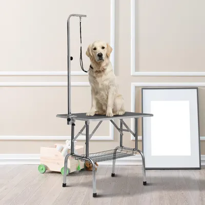 Produktbild von SUGIFT Trimmtisch Hund höhenverstellbar, Hundepflegetisch klappbar, Schertisch mit Galgen & Schlinge, Schwarz | Edelstahl | bis 150 kg | 90 x 60 x 75 cm