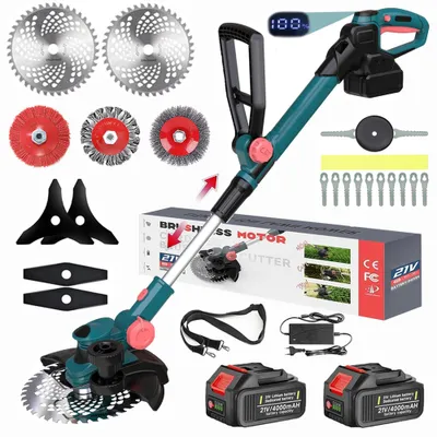 Produktbild von 750W Akku Rasentrimmer mit 2× 4000mAh Akkus 21V, 5 Klingentypen Bürstenloser Motor Rasentrimmer, Freischneider mit Unkrautbürste, Drahtbürste – Blau