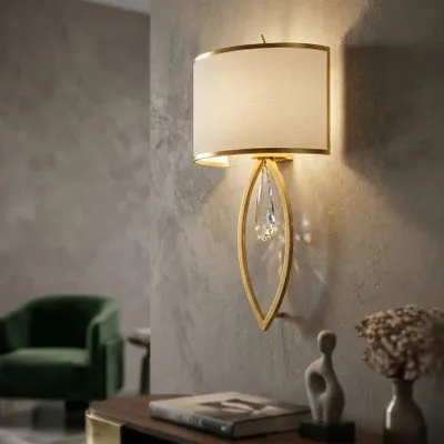 Obrázok produktu pre Nástenná lampa z kovu, skla a látky, zlatá a biela