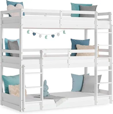 Image de Lit superposé triple 90x200 cm, blanc, pour 3 personnes. Lit enfant, lit superposé en bois massif de pin, avec échelle et sommier à lattes
