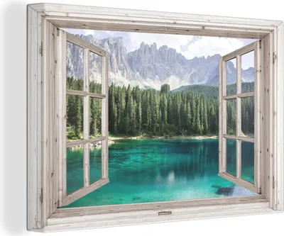 Obrázok produktu pre OneMillionCanvasses® - Obrazy na plátne - 140x90 cm, Pohľad - Hory - Voda, - Otvorené okno - Pohľad z okna Spálňa Art Print Nástenná dekorácia - Fotografia na plátne - Obraz na drevenom ráme
