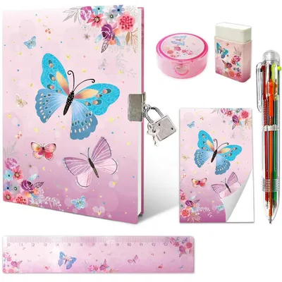 Obrázek produktu pro Sada deníků pro dívky, motýlí design, zápisník se zámkem, dárková sada, 6 kusů