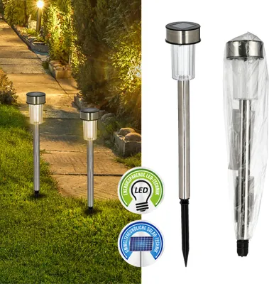 Garden path with solar lights, and product display.
