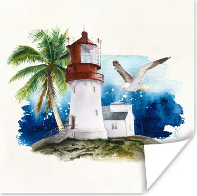 Produktbild von MuchoWow® Poster Leuchtturm - Vogel - Aquarell 50x50 cm - Wohnzimmerdekoration