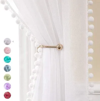 Produktbild von Transparente Vorhänge mit Pompons – Weiße, durchsichtige Gardinen für Schlafzimmer, Wohnzimmer, Kinderzimmer, Mädchenzimmer, 2 Stück, 140 cm, Pompoms