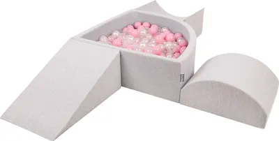 Produktbild von KiddyMoon spielplatz aus schaumstoff mit viertel eckig bällebad (300 bälle) hindernisläufe, hellgrau:puderrosa/perle/transparent
