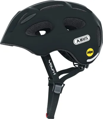 Produktbild von ABUS Kinderhelm Youn-I MIPS - Fahrradhelm mit Licht, Reflektoren und Aufprallschutz (MIPS) - für Mädchen und Jungen - Schwarz Matt, Größe M (52-57 cm)