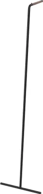 A black coat rack with a brown top detail, standing against a white background.