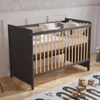 Produktbild von Babybett Beistellbett 120x60cm mit Sicherheitsbarriere Umwandelbar Anthrazit-Kiefer Tokyo Kinderbett Baby Bett Holz - Kinderbett Babybett, Mitwachsend Gitterbett Baby Bed