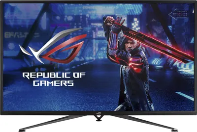 A computer monitor displaying a gaming-themed image with a warrior holding a glowing sword and the ROG logo.