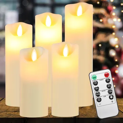 Produktbild von Jayseuw LED Kerzen 5er Set Echtwachs Flackernd Flammenlose mit Fernbedienung Timer Funktion & mehrstufig dimmbar bewegliche Flamme Echtwachskerzen Weiß
