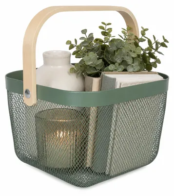 Produktbild von Relaxdays Aufbewahrungskorb, mit Henkel, Kleidung, Deko, Stahl & Holz, Utensilienkorb, HBT: 17,5x26x24,5 cm, mint