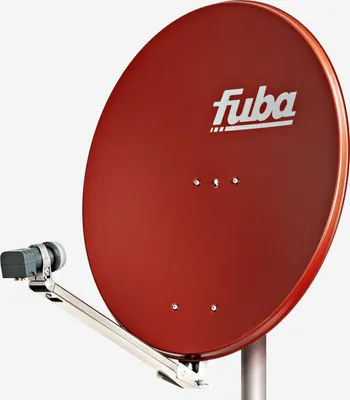A red satellite dish with a silver arm and LNB, set against a white background.